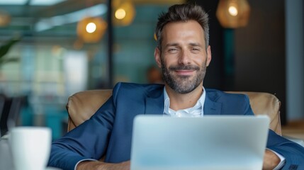 Businessman relaxing in a high-end airport lounge with a laptop and coffee, waiting for his flight, showcasing the ease and comfort of business travel