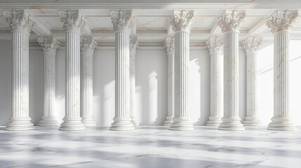 Naklejka premium side view of the supreme courts majestic marble columns showcasing intricate carvings and delicate shadows against a pure white background highlighting architectural beauty and significance