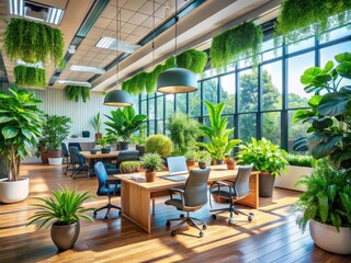 Obraz premium Lush Green Plants Brightening a Modern Office Space with Natural Light and Contemporary Decor