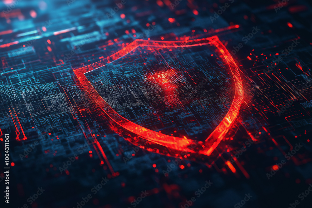 Poster shield icon with glitch effects, representing cybersecurity vulnerabilities.