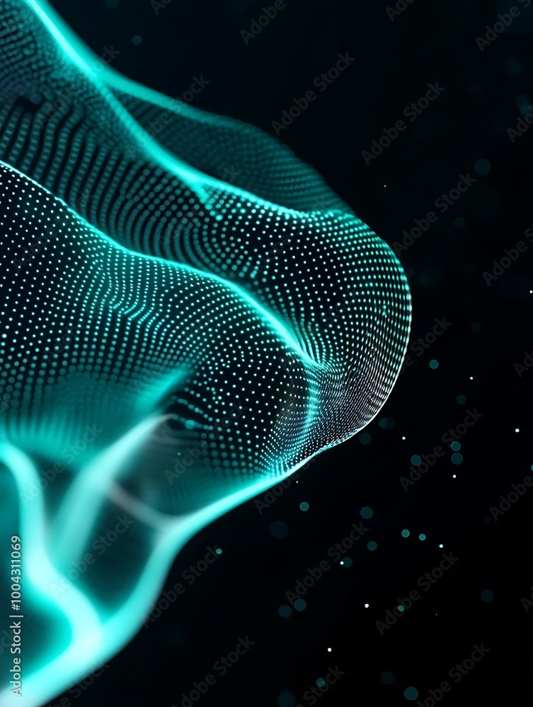 Poster dynamic abstract wave with glowing particles, creating a mesmerizing visual effect. a minimalist pos