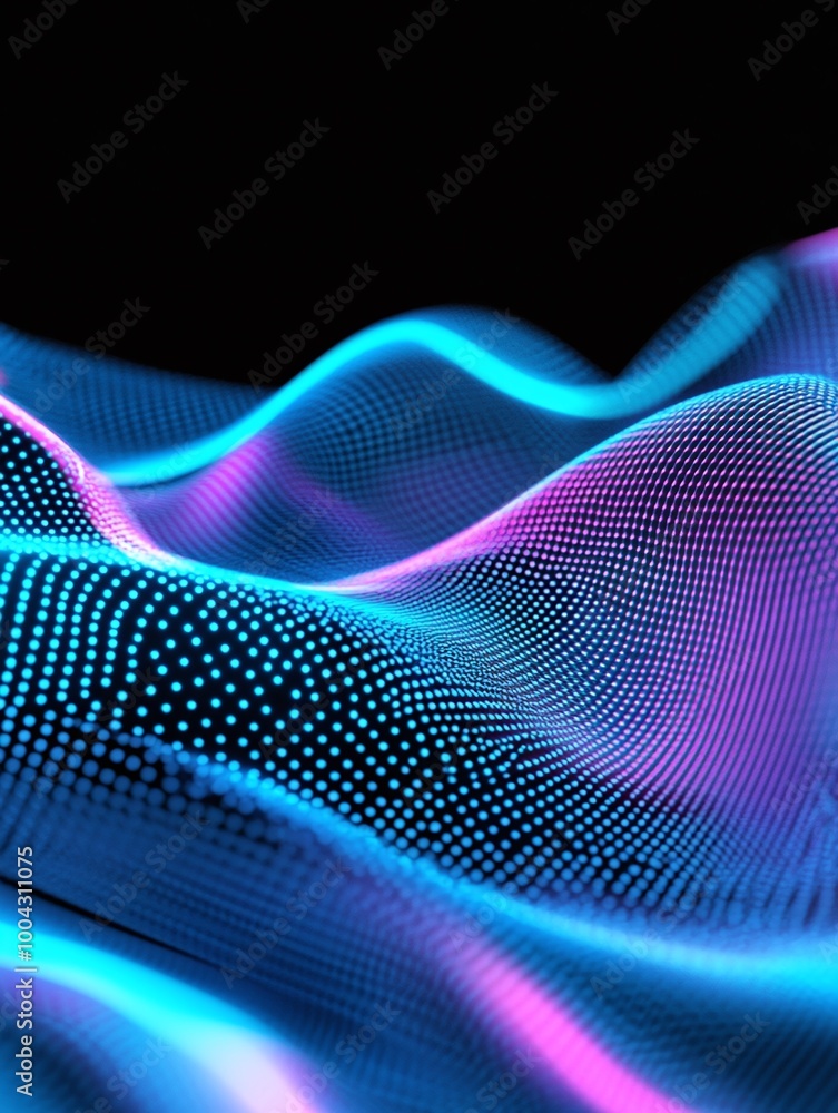 Poster dynamic abstract waves in vibrant blue and purple tones on a black background, showcasing depth and 