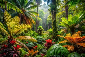 Lush Jurassic Jungle Landscape with Ancient Trees, Ferns, and Exotic Plants in a Primal Environment