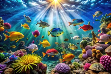 Naklejka premium Lush Tropical Seabed Underwater Scene with Vibrant Reef, Colorful Fish and Sunlight Rays Streaming Down