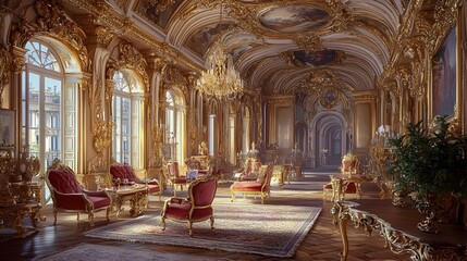 Fototapeta premium Opulent 18th century Baroque style palace interior showcasing ornate decor intricate gold accented furnishings vaulted ceilings adorned with grand chandeliers