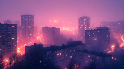 Obraz premium Cityscape at Night with Fog and Pink Lights