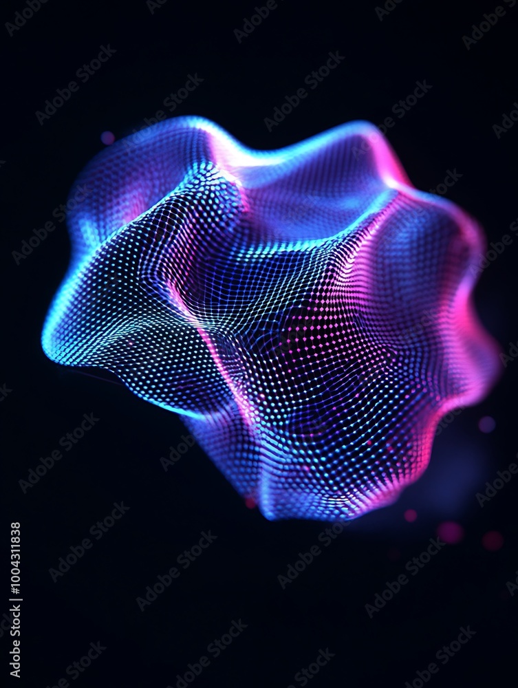 Poster vibrant, abstract 3d mesh shape with colorful light effects on a dark background. a minimalist poste