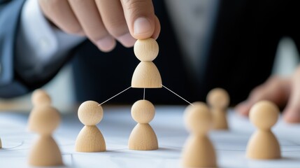 Obraz premium Wooden figures representing a decentralized organizational structure. A visual metaphor for distributed leadership and team management in business administration
