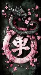 Dragon with Cherry Blossoms and Japanese Character