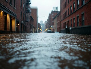 Rain-soaked street in an urban environment with reflections and wet pavement.