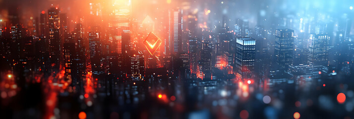 Obraz premium A Futuristic Cityscape with a Glowing Diamond Shape at the Center, Illuminated by Warm and Cool Lights, a Digital Art Illustration