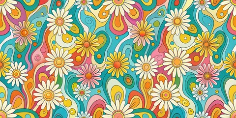 Fototapeta premium Y2K Daisy Flowers Seamless Pattern in Groovy Retro Style Organic Melting Shapes Aesthetic Print Trendy Pallete Curvy Psychedelic Summer Decor Floral Decoration