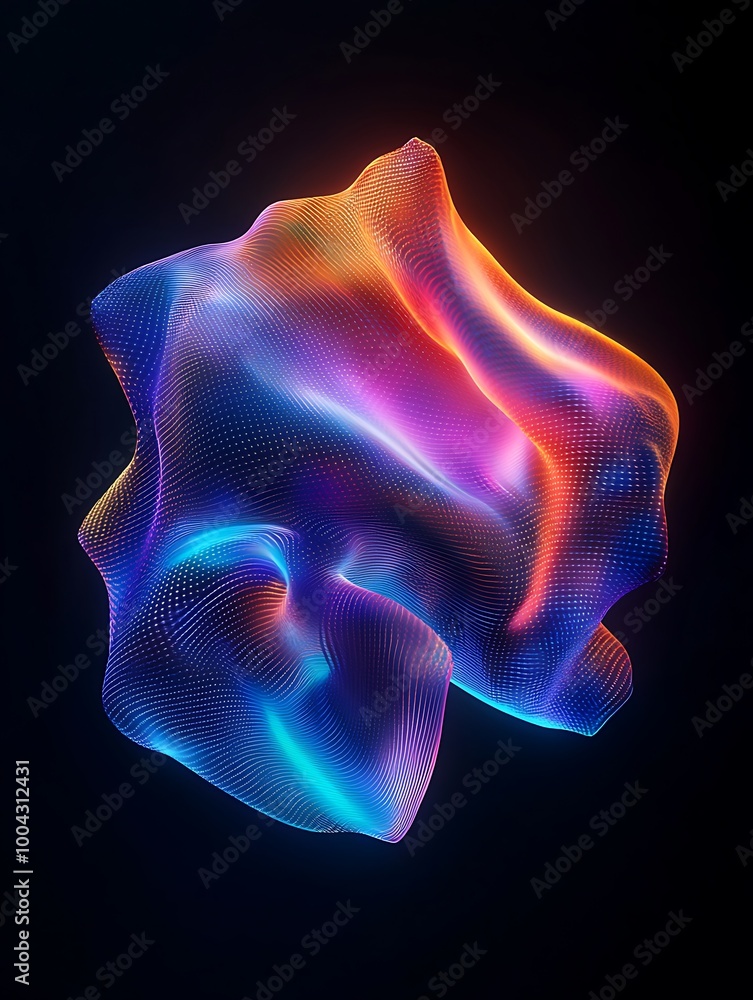 Poster vibrant abstract shape with flowing colors, showcasing dynamic energy and movement against a dark ba