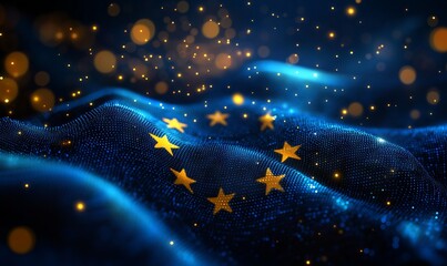 Glowing European Union Flag in Digital Art, AI generated illustration