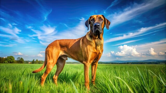 Majestic Boarhound Standing Proudly in a Lush Green Field Under a Clear Blue Sky