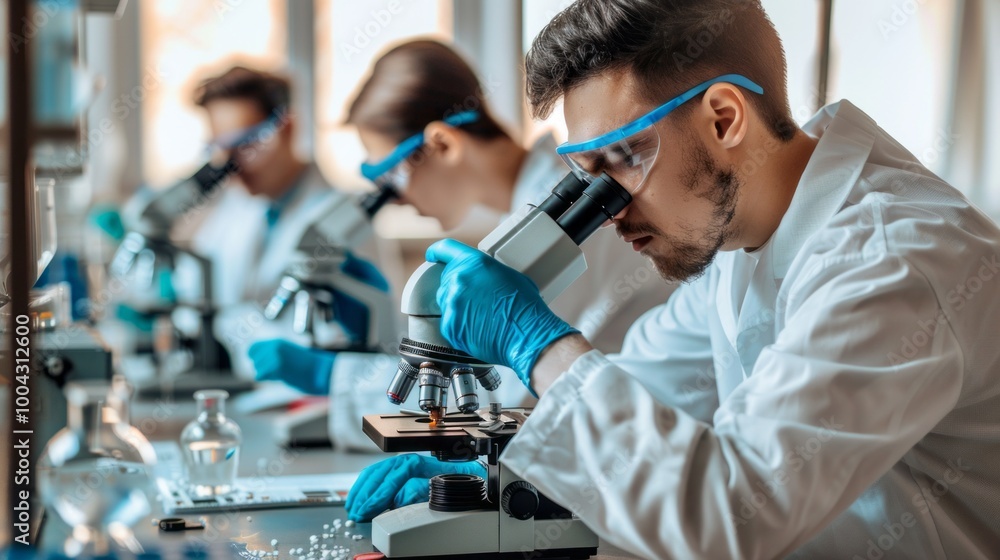 Poster a man in a lab coat is looking through a microscope