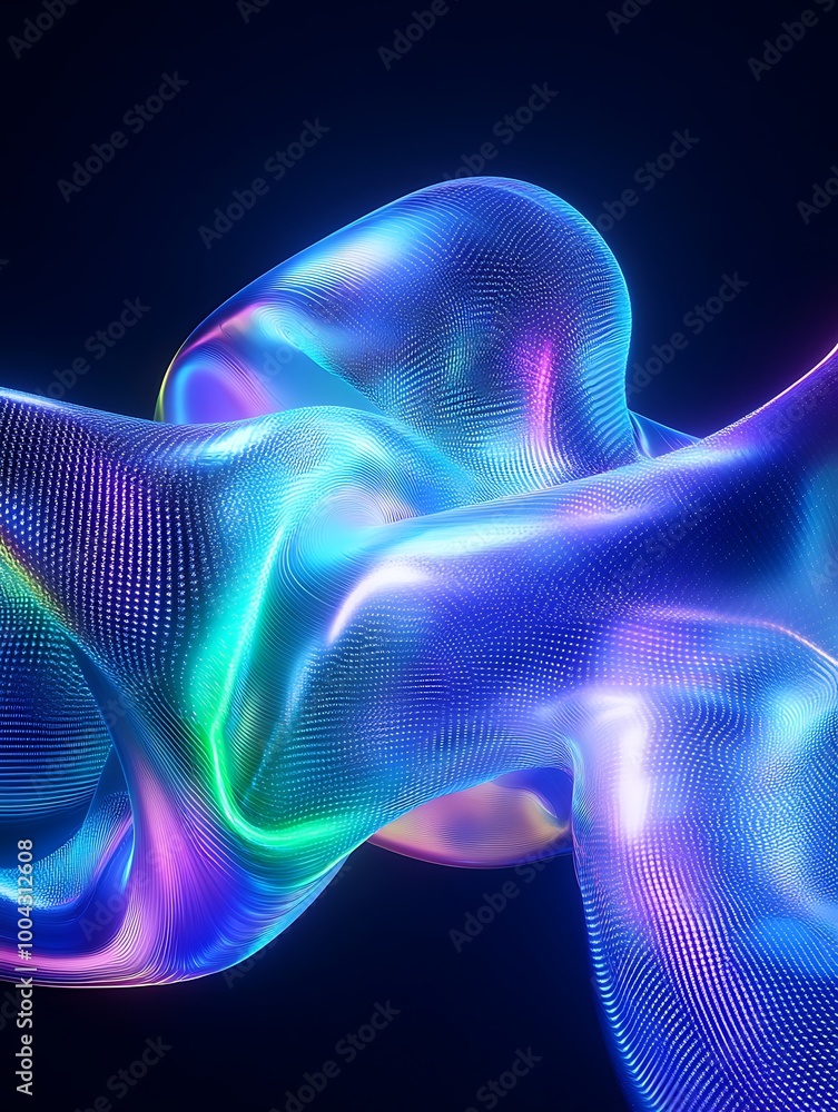 Poster vibrant abstract shapes with glowing colors on a dark background, creating a mesmerizing visual effe
