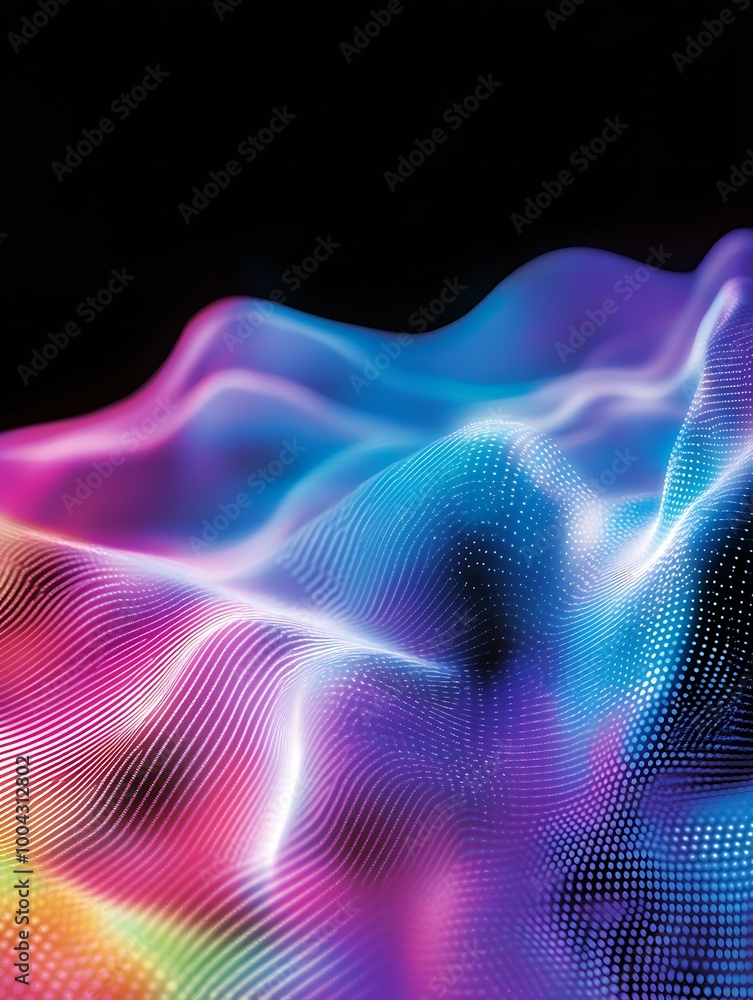 Poster vibrant abstract wave forms in neon colors, creating a dynamic and visually engaging design. a minim