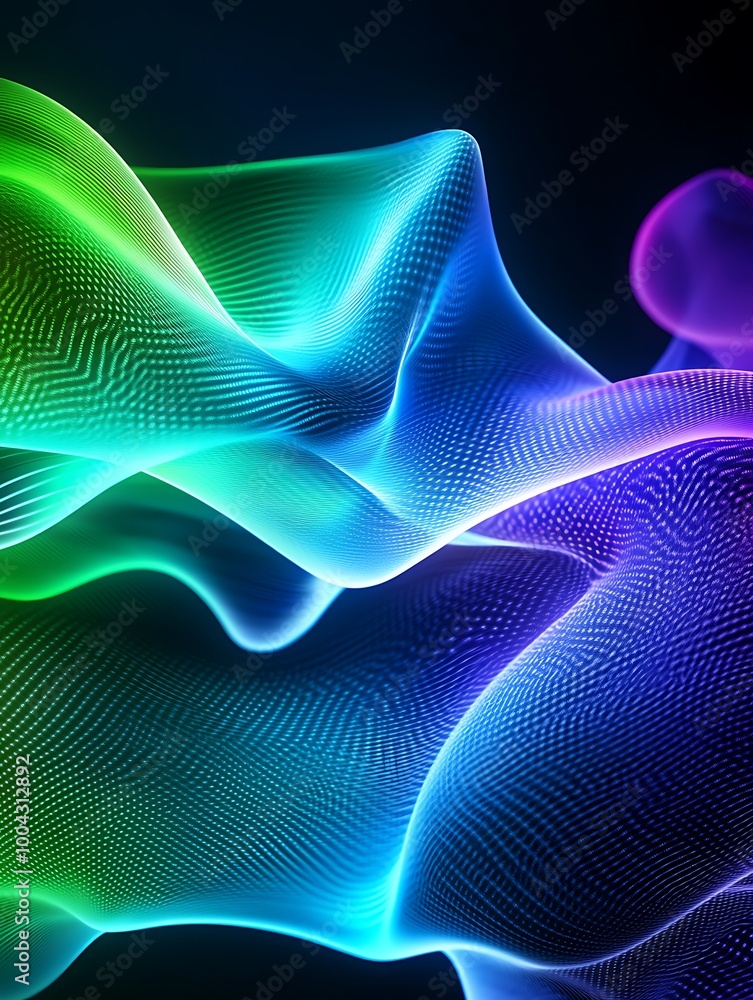 Poster vibrant abstract wave in shades of green, blue, and purple on a dark background, creating a dynamic 