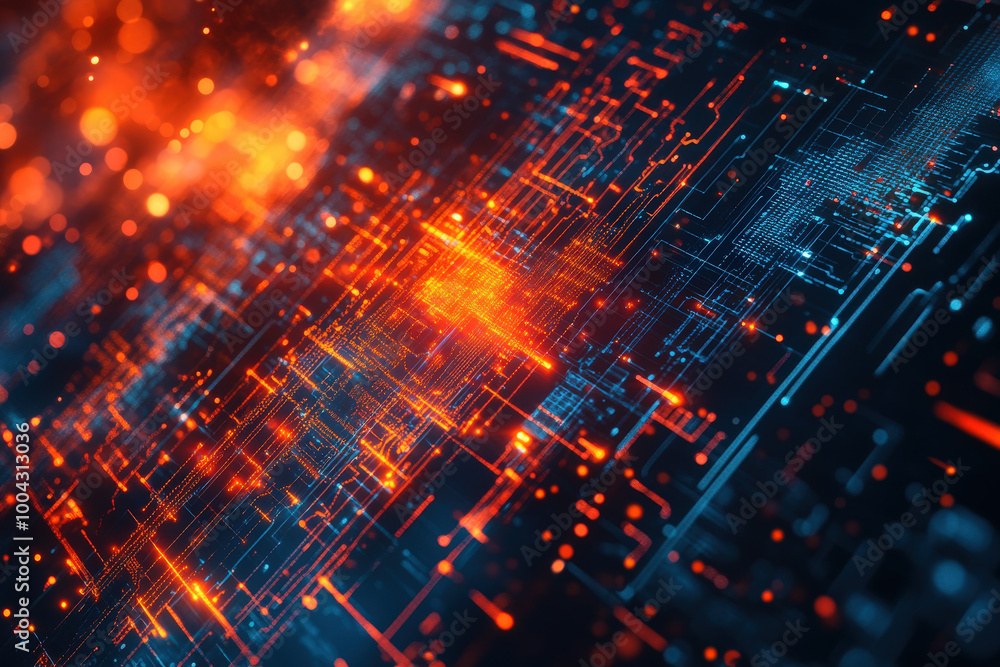 Poster exploring the vibrant interplay of blue and orange light in a digital landscape filled with glowing 