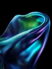 Vibrant abstract wave pattern in blue and green hues on a black background. A minimalist poster in metallic and chrome gradient style.