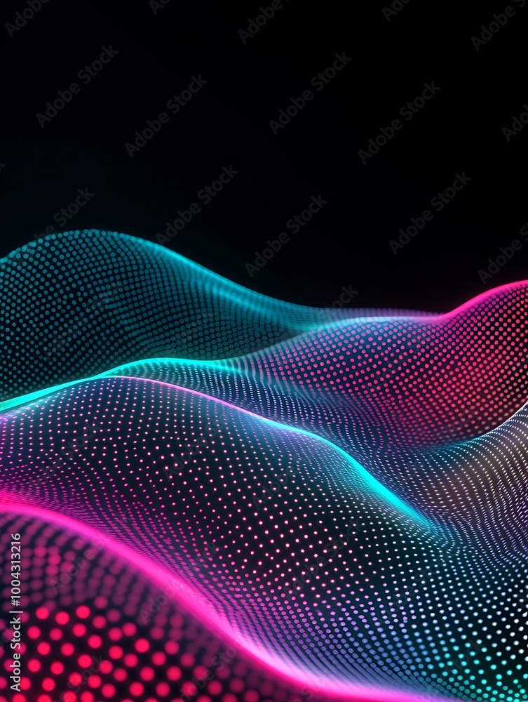 Poster vibrant abstract wave patterns with glowing dots in pink and blue against a black background. a mini
