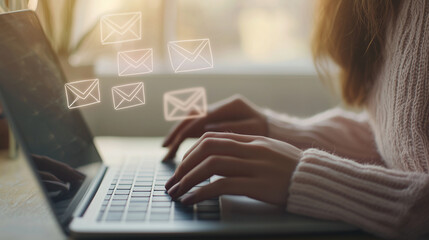 Close-up of a young woman’s hands navigating multiple web browser windows, checking emails and performing a search. photo