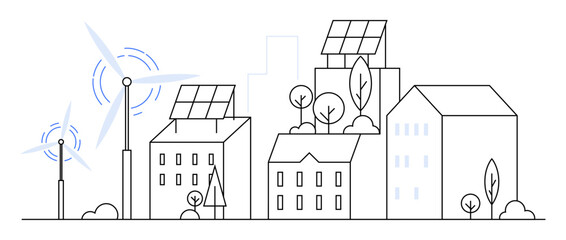 Urban environment with buildings featuring solar panels, wind turbines, and greenery. Ideal for renewable energy, eco-friendly designs, urban planning, sustainability, green architecture. Simple line