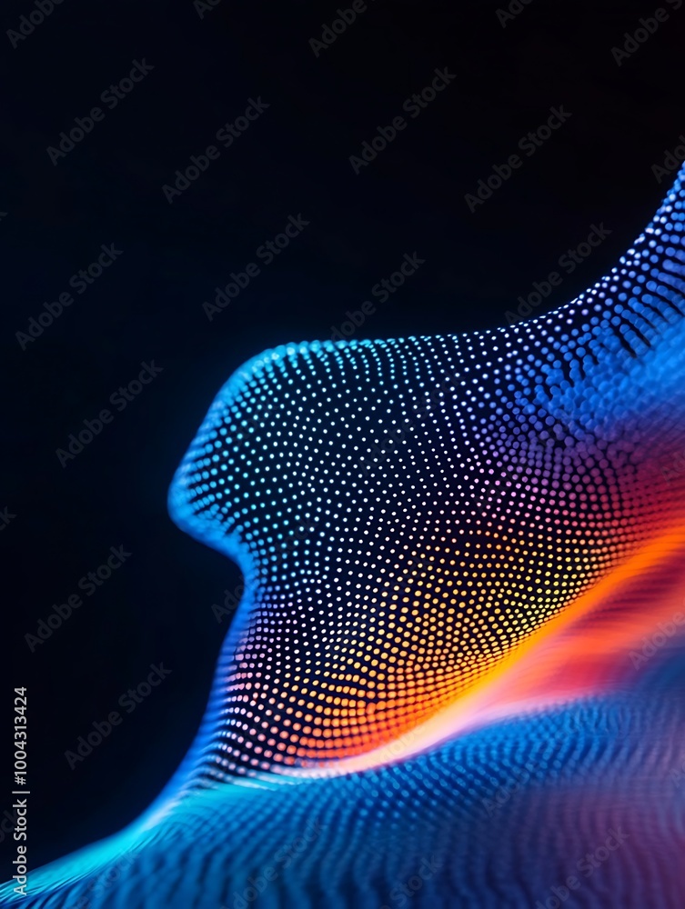 Poster vibrant abstract wave with colorful dots creating dynamic shapes on a dark background. a minimalist 