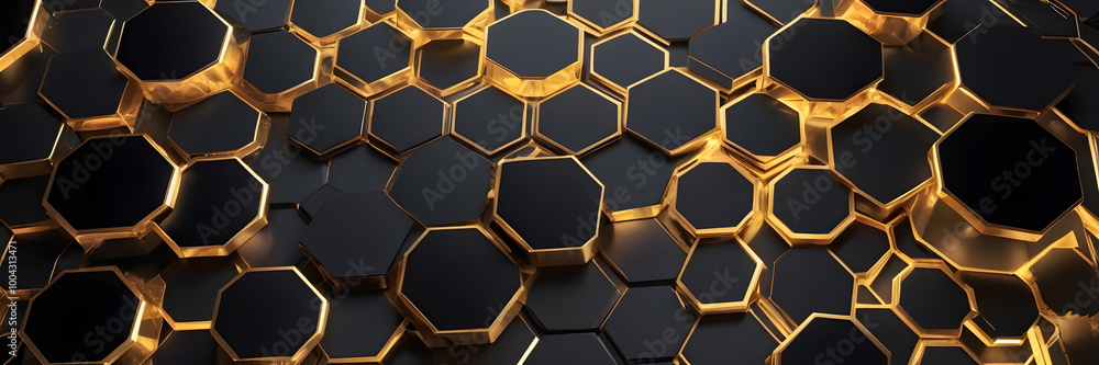 Poster abstract hexagon pattern: a mesmerizing pattern of black and gold hexagons, glowing and radiating a 