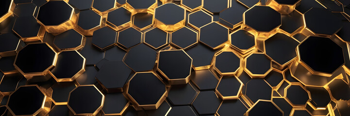 Abstract Hexagon Pattern: A mesmerizing pattern of black and gold hexagons, glowing and radiating a sense of energy and power.  A sleek, modern aesthetic for your projects. 