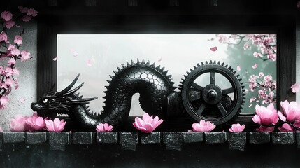 Obraz premium Black Dragon with Gear and Cherry Blossoms