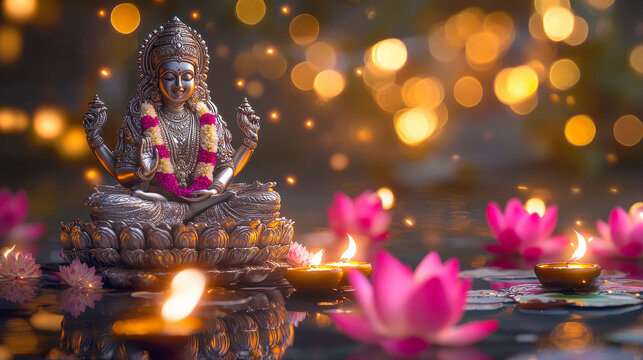beautiful statue of goddess Lakshmi with lotus flower