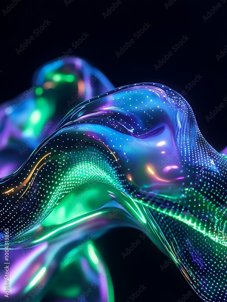 Poster vibrant abstract waves with colorful light reflections on a dark background, creating a dynamic visu