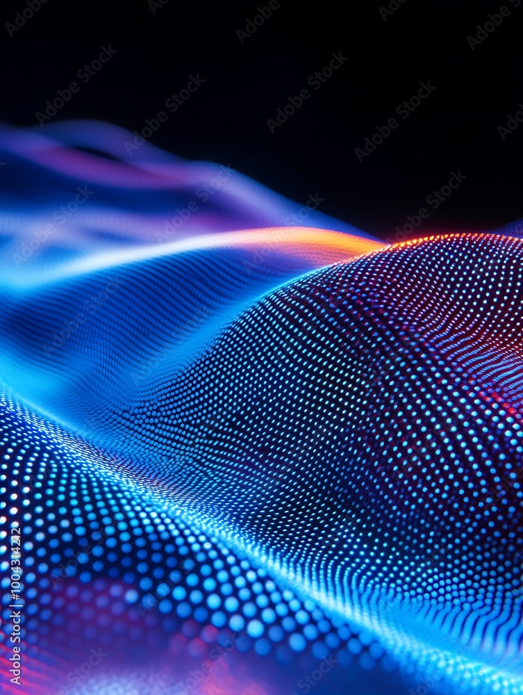 Poster vibrant blue and purple abstract wave patterns with a dynamic digital feel. a minimalist poster in m