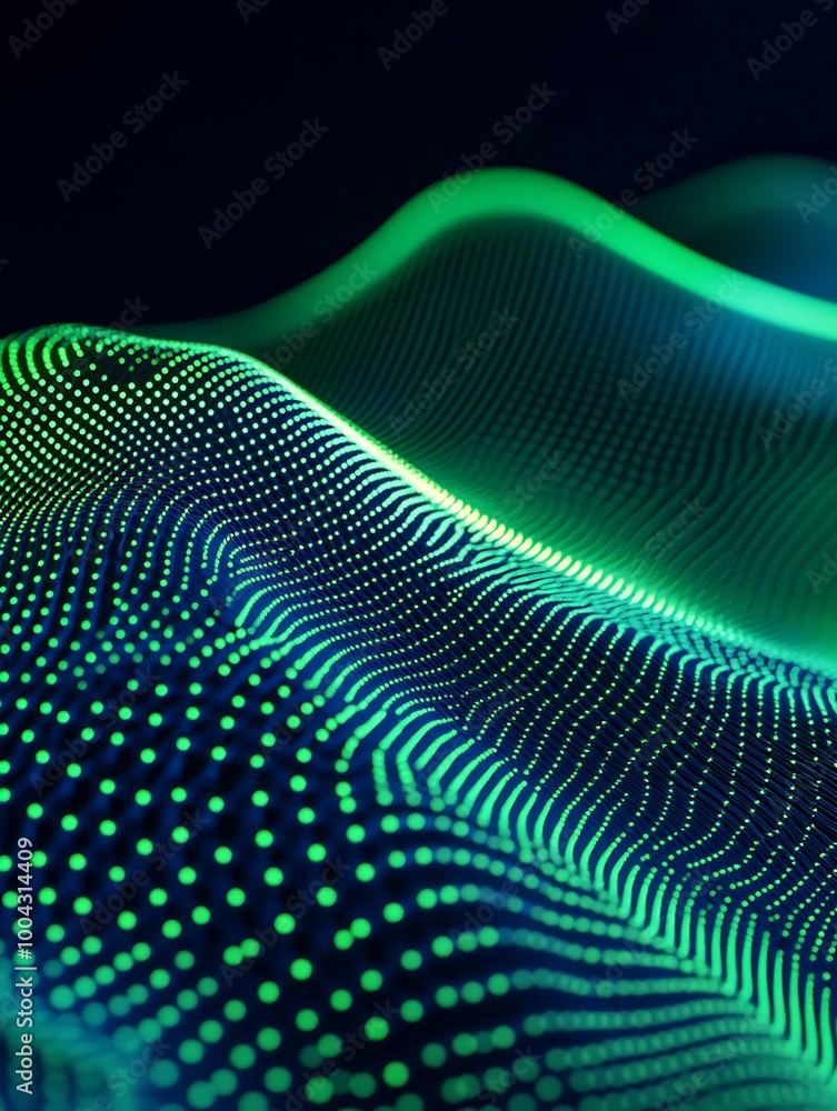 Poster vibrant digital wave pattern with glowing green dots on a dark background. a minimalist poster in me