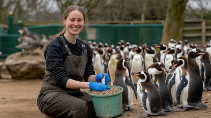 An animal handler in work attire is feeding penguins from black buckets, interacting with them at a zoo setting in England