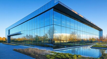 Fototapeta premium sleek modern glass building glistening under the sunlight showcasing innovative architecture with reflective surfaces and sharp geometric lines against a clear sky
