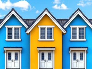 Three houses with blue and yellow exteriors