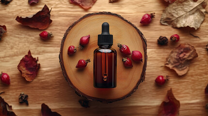 A dropper bottle of face oil is elegantly placed on wooden slice, surrounded by dried leaves and rose hips, creating serene and natural atmosphere