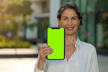 Fototapeta premium App mockup caucasian woman in her 40s holding an smartphone with a fully green screen