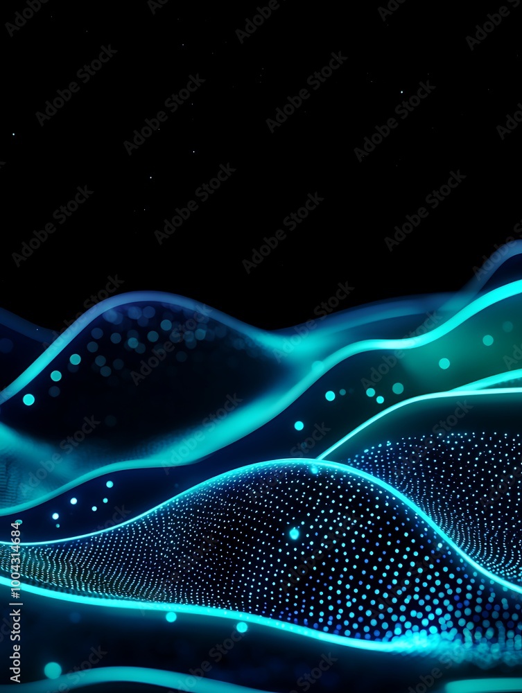 Poster vibrant glowing waves of blue and green light against a dark background, creating a mesmerizing visu
