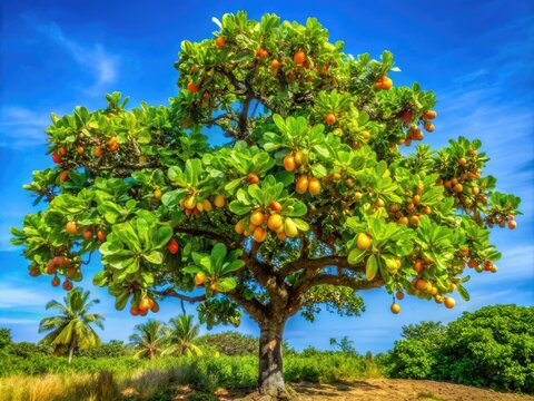 Majestic Kasoy Tree with Lush Green Foliage and Vibrant Cashew Fruits Under Clear Blue Sky