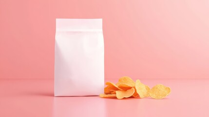Minimalist white packaging with potato chips on soft pink background