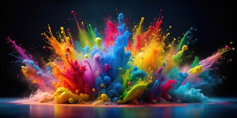 Vibrant abstract paint splashes in a colorful explosion against a dark backdrop