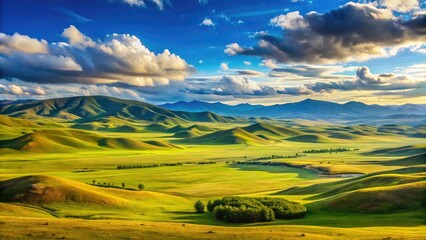 Obraz premium Majestic Mongolian Landscape with Rolling Hills, Grasslands, and a Clear Blue Sky in the Horizon