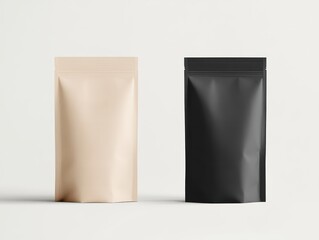 Minimalist packaging mockup with beige and black bags on neutral background