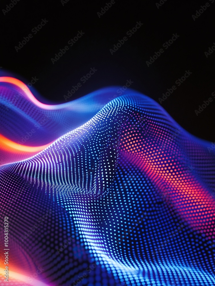 Poster vibrant wave patterns in vivid colors create a mesmerizing visual effect against a dark background. 