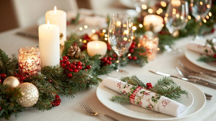 A beautifully arranged Christmas table setting featuring elegant candles, festive decorations, and touch of greenery. warm ambiance creates cozy holiday atmosphere