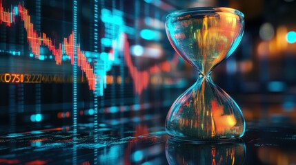 A glass hourglass filled with glowing particles sits on a reflective surface against a backdrop of a stock market chart